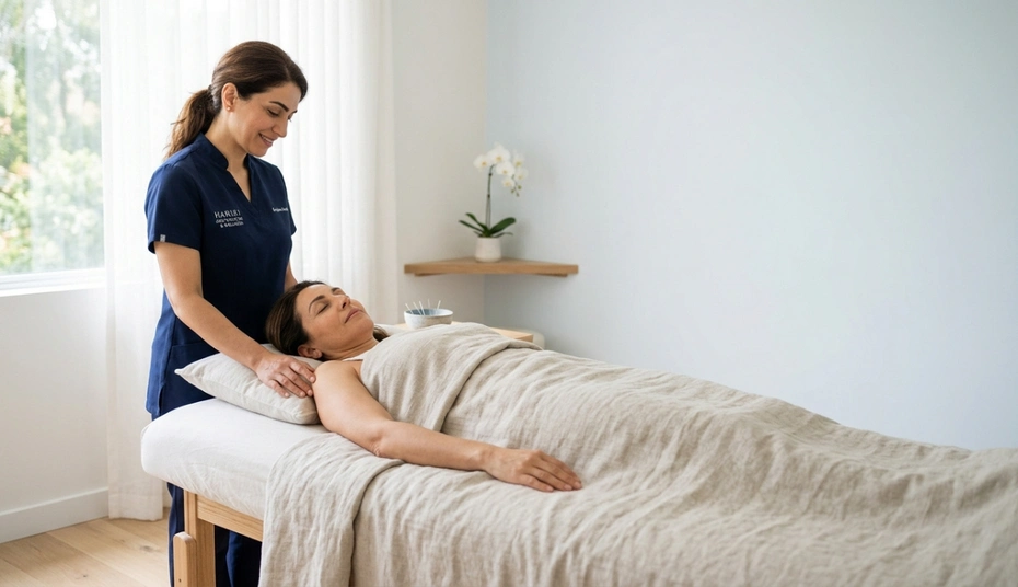 Stress and insomnia support with acupuncture therapy helping relaxation and nervous system regulation